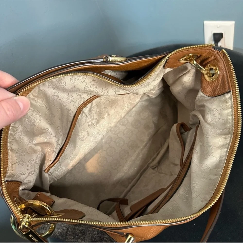 MK Brown Leather Mira Monogram Satchel Crossbody Bag with Detachable Wallet RARE